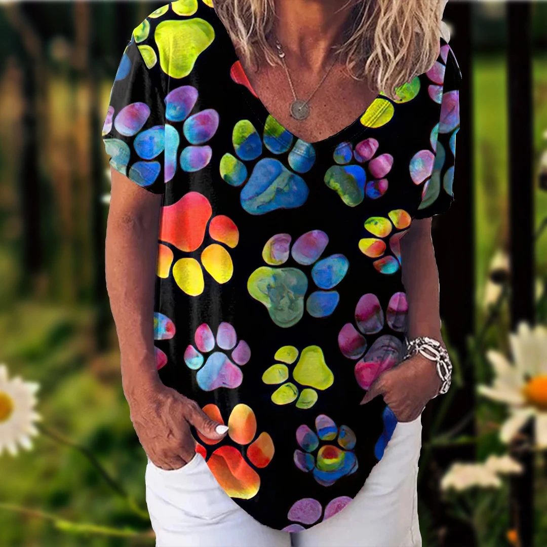

Print Cat Girls T Shirt For Women Fashion Summer T-shirt Short Sleeve V-neck Casual Loose Top Oversized Female Streetwear Shirt