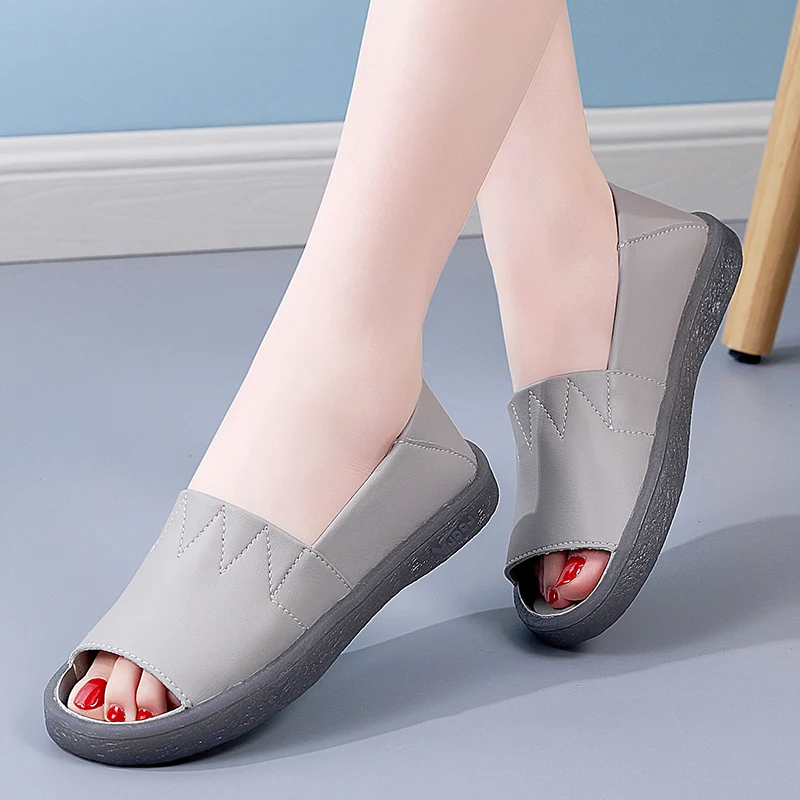 New Summer Sandals For Women Real Leather Slip On Peep Toe Soft Fish Mouth Loafers Confortable Ladies White Shoes Large Size 41