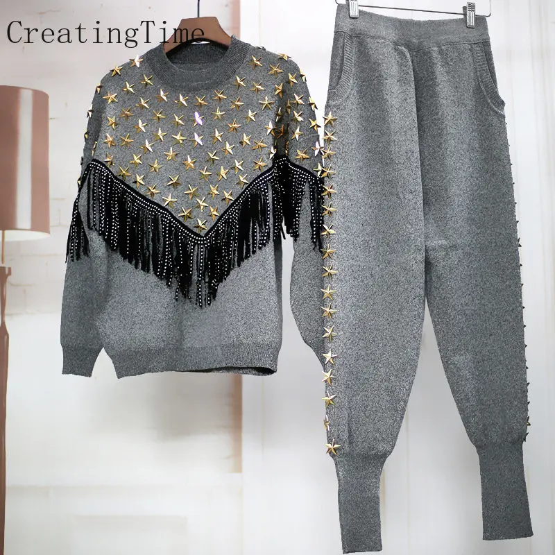 Women's Knitted Sweater Sportswear Suit 2023 New Spring Winter Fashion Tassel Stars Top + Casual Harem Pants Two-piece Set LH893