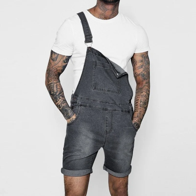 Denim Jumpsuit Straps Fashionable Streetwear Men Overalls Pantalones Vaqueros Hombre Solid Color Shorts Rompers