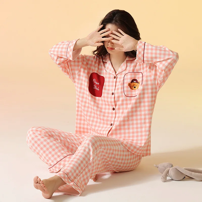 Autumn Casual Pajama Women Turn-Down Collar Long Sleeve Sleepwear Pants 2 Piece Sets Korean Pajamas Men Kawaii Home Clothes Suit