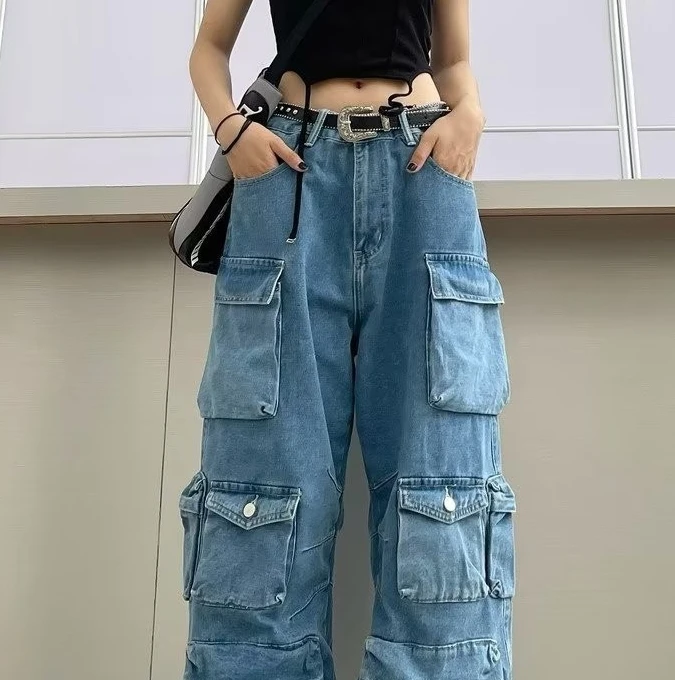 Модные трендовые дымчато-серые комбинированные рабочие брюки с несколькими