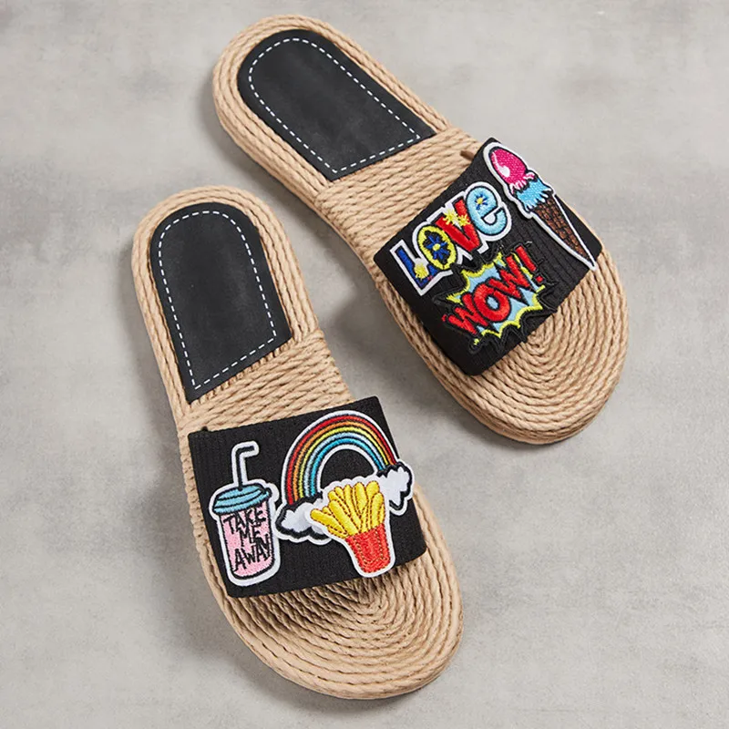 

One Word Ladies Slippers Summer Hemp Rope Straw Flat Shoes Outdoor Leisure Cool And Comfortable Women's Shoes Holiday Beach Shoe