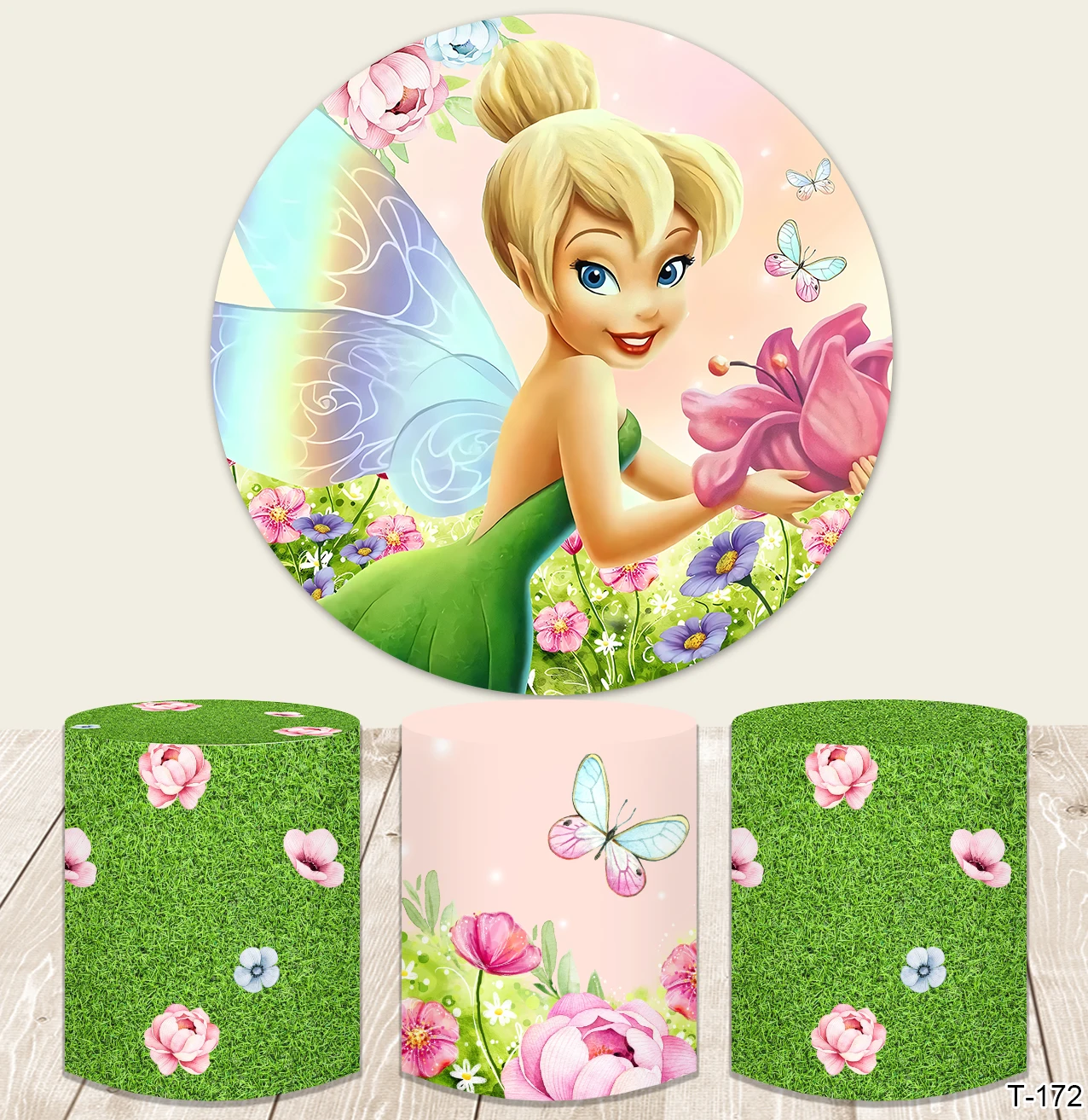 Fairy Tinker Bell Photo Background Circle Cover for Girls Kids Birthday Party Round Photography Backdrop Studio Elastic Decor