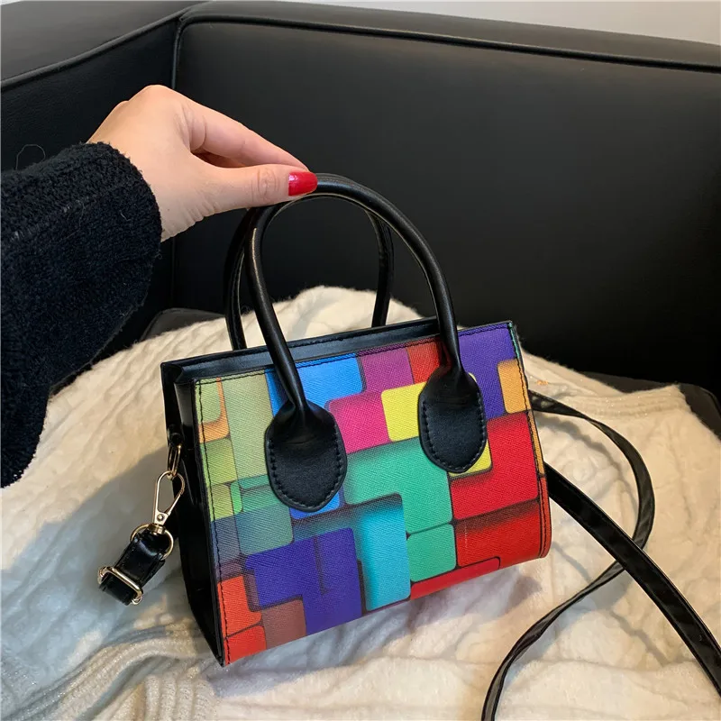 

Women Bags Rainbow Stripe Contrast Color Stitching Color Small Square Bags Shoulder Bags Handbags Fashionable Purses Dame Sacs