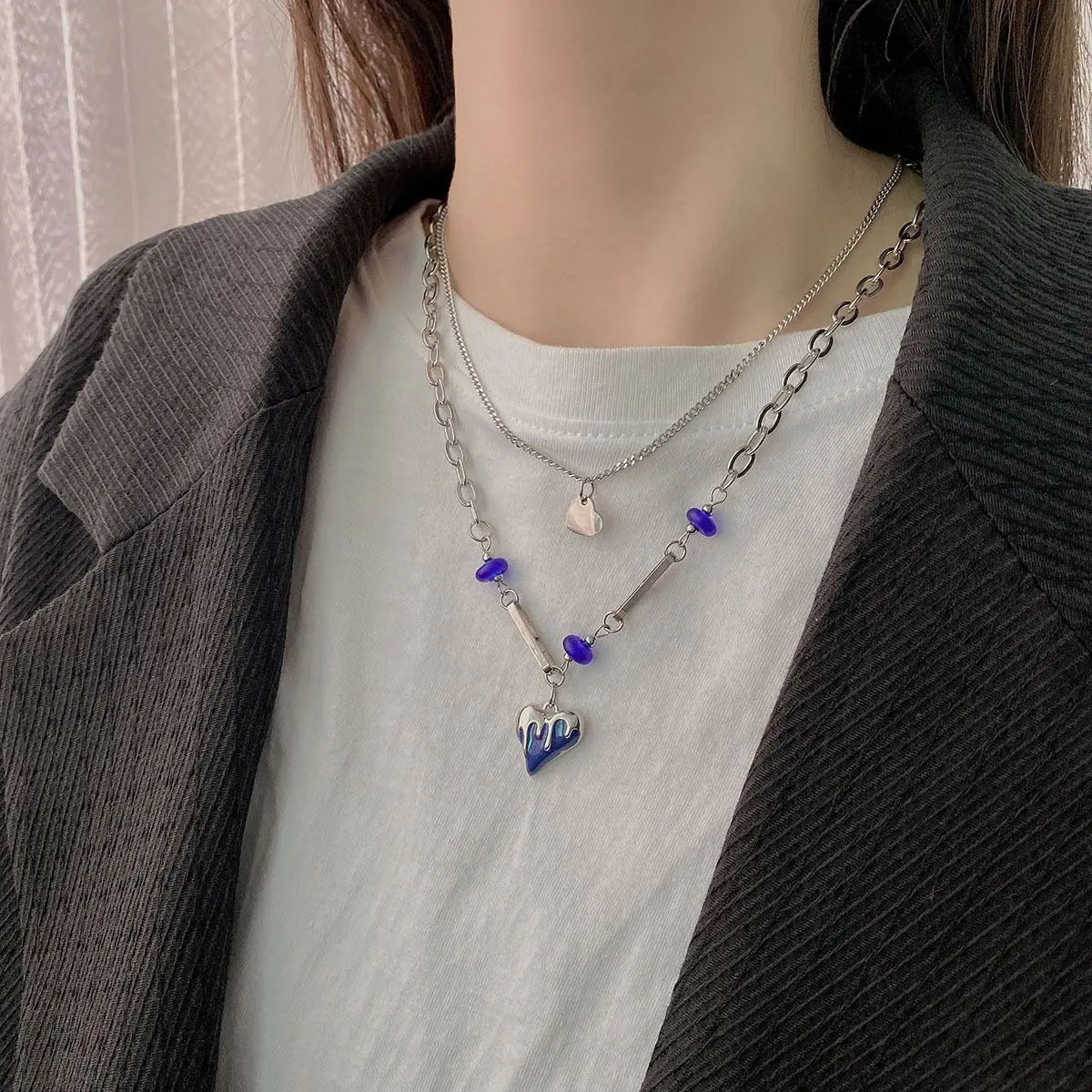 Японское и южнокорейское Новое Двухслойное ожерелье Klein blue love Женская модная