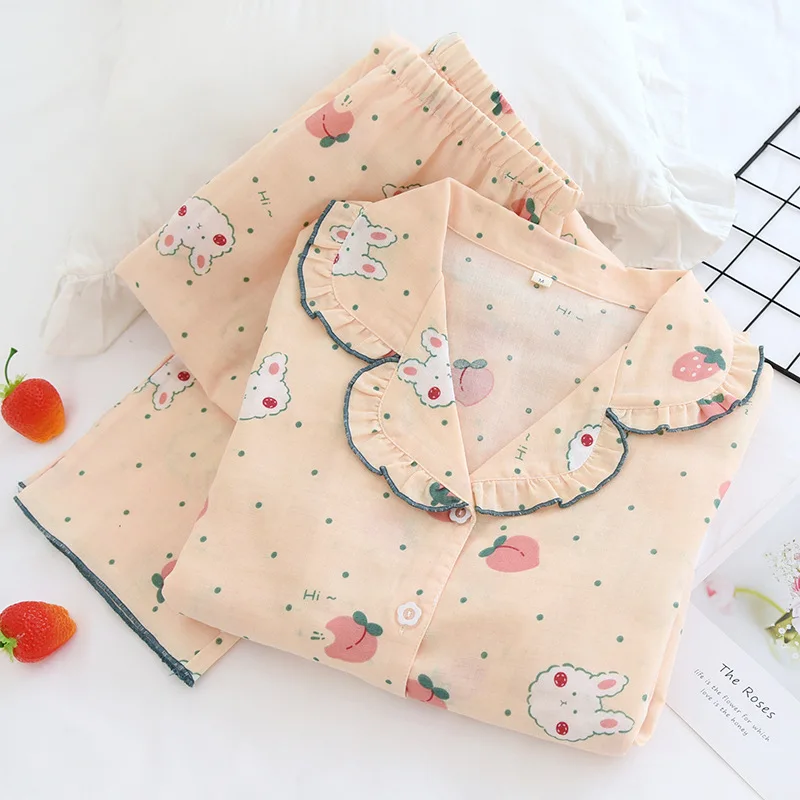 

New Cute Rabbit Pajamas for Women Long Sleeve Trousers Suit Loose Comfortable Pijama Mujer Cartoon 2 Piece Set Summer Sleepwear