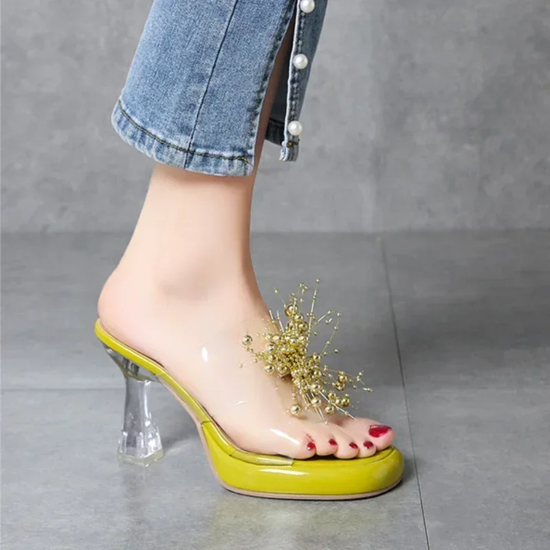 Жемчужные прозрачные женские летние модные босоножки на высоком каблуке с