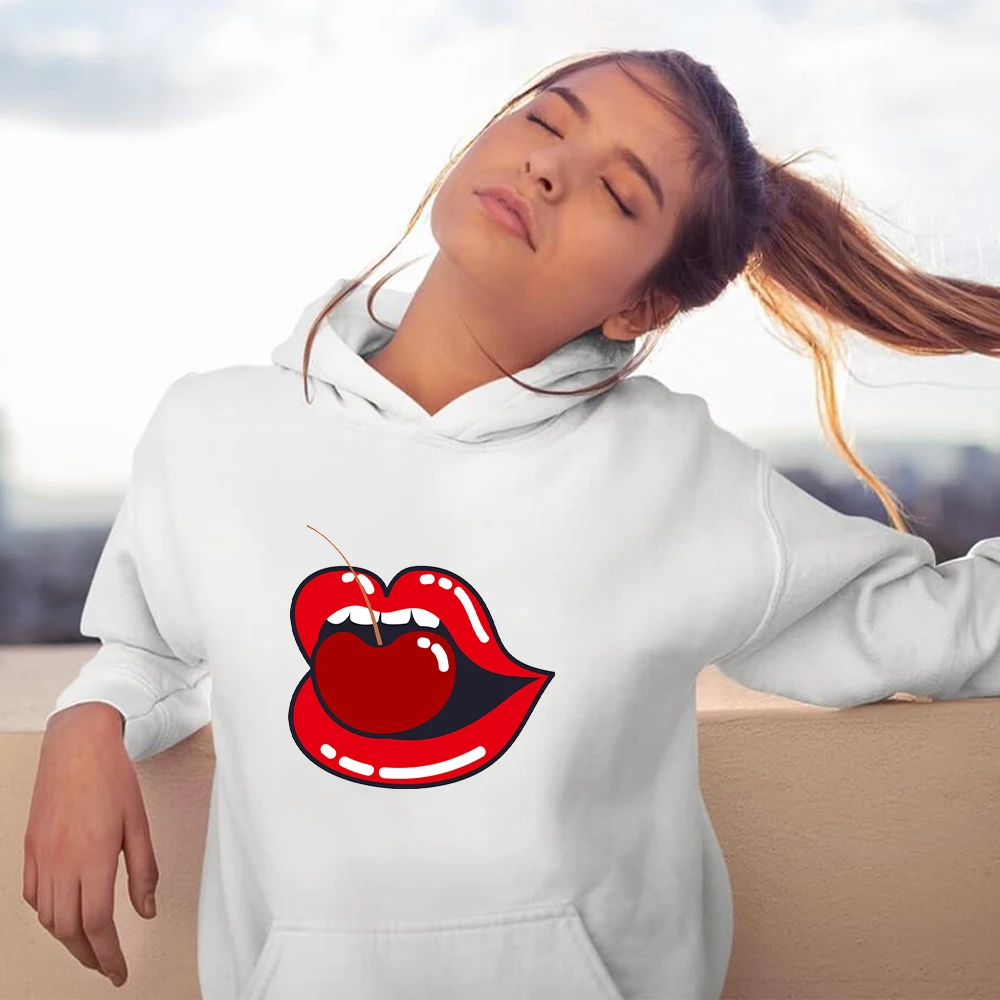 

Cherry Lips Print Women Hoodie Harajuku Female Clothes Woman Hooded Casual Girls
