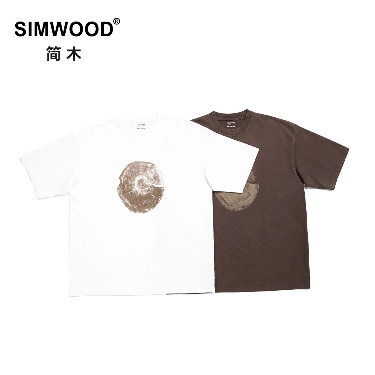 SIMWOOD 2022 Summer New Oversize T-shirts Men 310g Heavyweight 100% Cotton Fabric Wood Print Tops Plus Size Brand Clothing