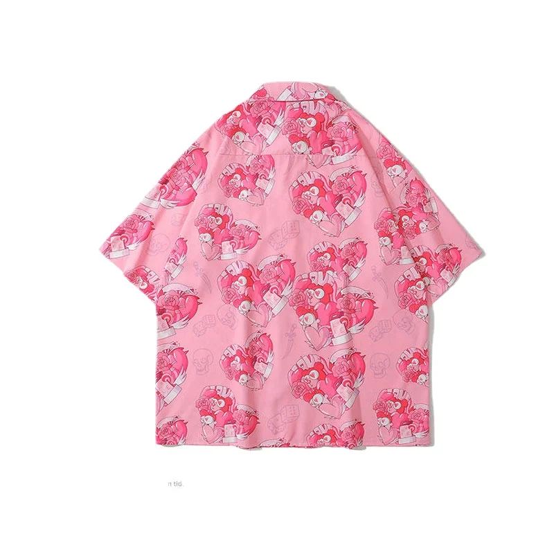 Peach Heart Short Sleeved Pink Flower Shirt American Retro National Fashion Hawaiian Men's and Women's Port Fashion Top Men's