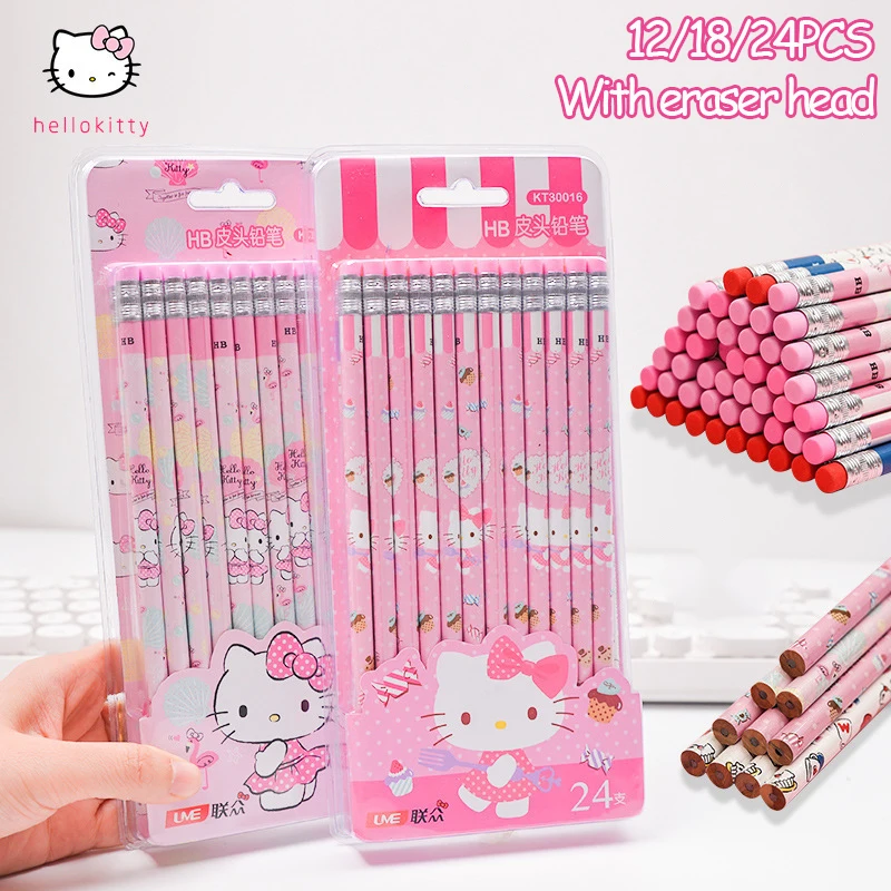 Kawaii Sanrio Hello Kitty Hb Wooden Pencil With Eraser Cartoon Anime Children Painting Pen Exam Writing Pencil School Stationery