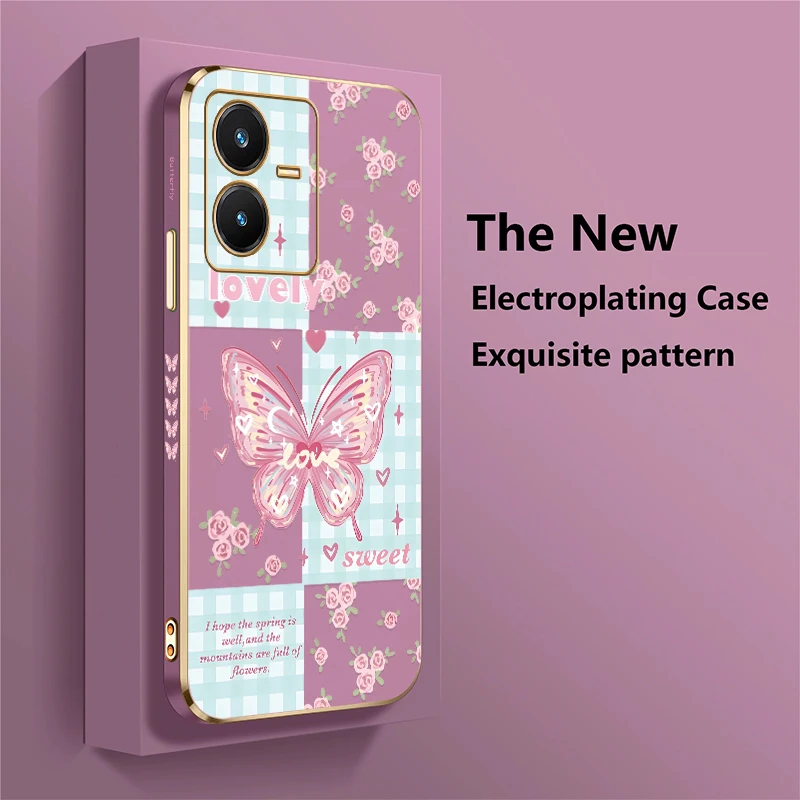 Soft Case For Vivo V21E V21 V20 SE V25E LATAM V25 V23E V40 V30E V30 Pro V29E V29 V27E V27 Plating Butterfly Flower Cover