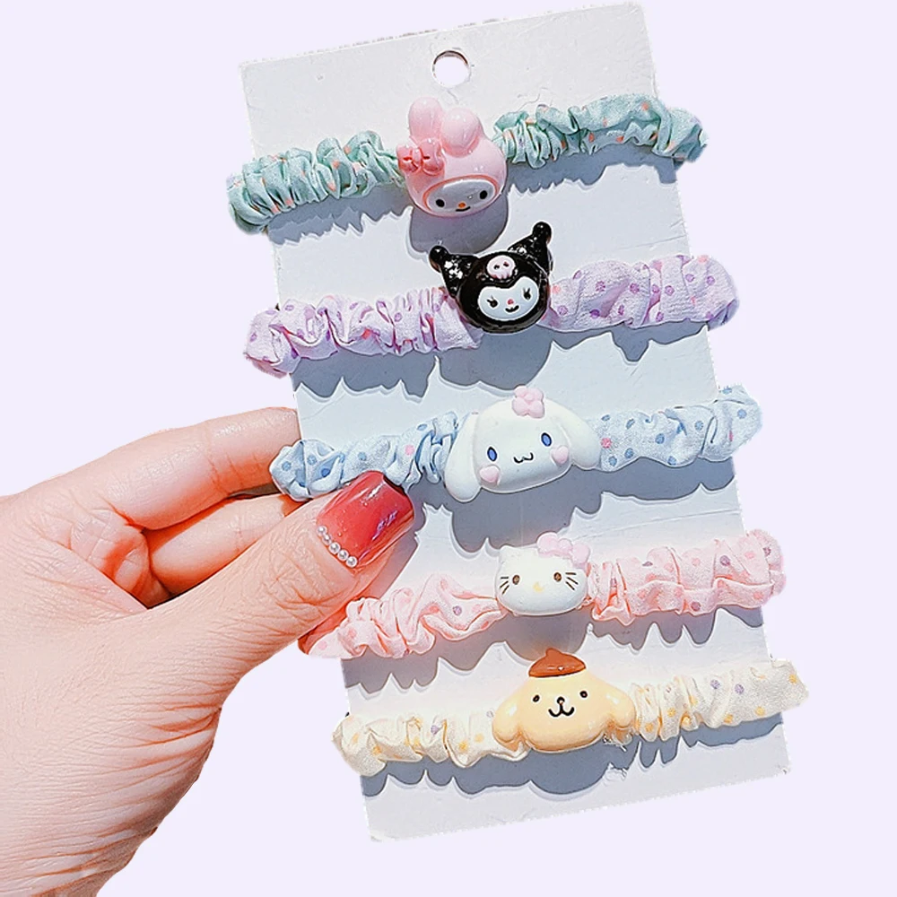 

5Pcs/set Sanrio Scrunchie Melody Kuromi Cinnamoroll Kitty Purin Cartoon Hair Accessories Women Spring Summer Headwear Cloth Gift