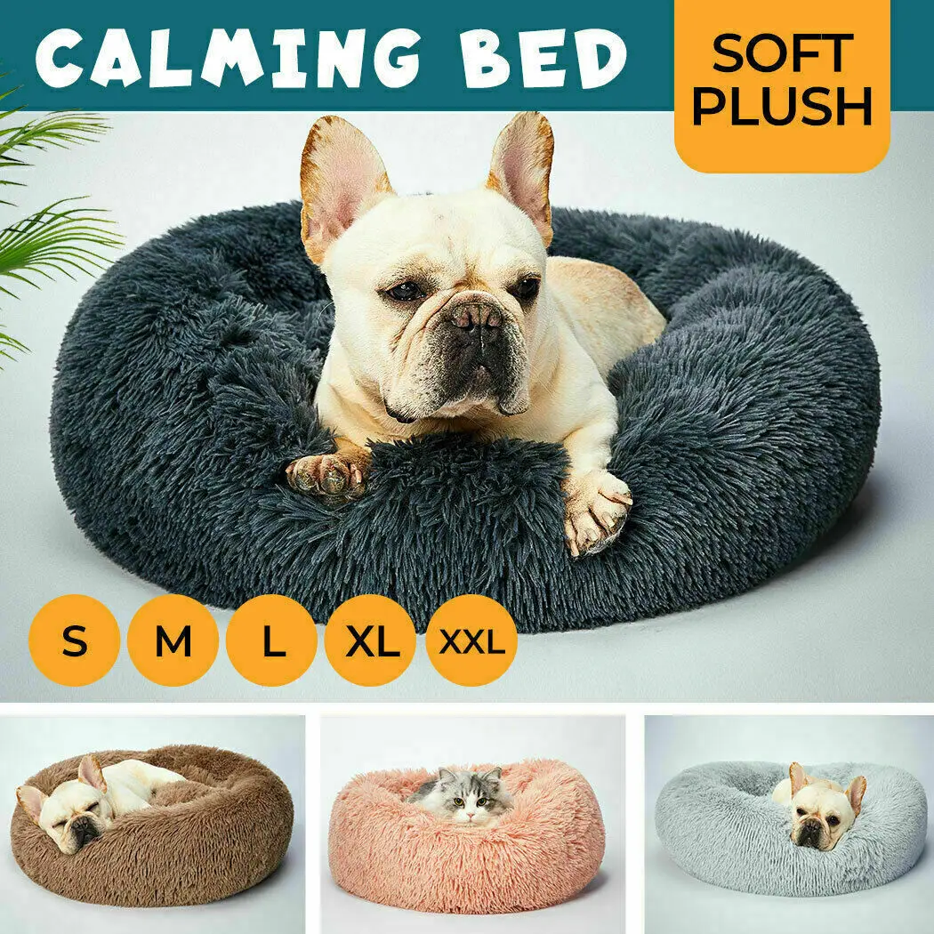 

Large Pet Dog Cat Calming Bed Warm Fluffy Comfy Shag Round Mattress Donut Pad