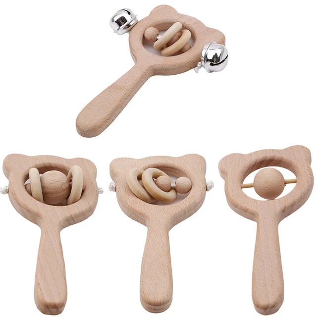 

Wooden Rattle Beech Bear Hand Teething Wooden Ring Baby Rattles Play Gym Montessori Stroller Toy Educational Toys Stroller Toys