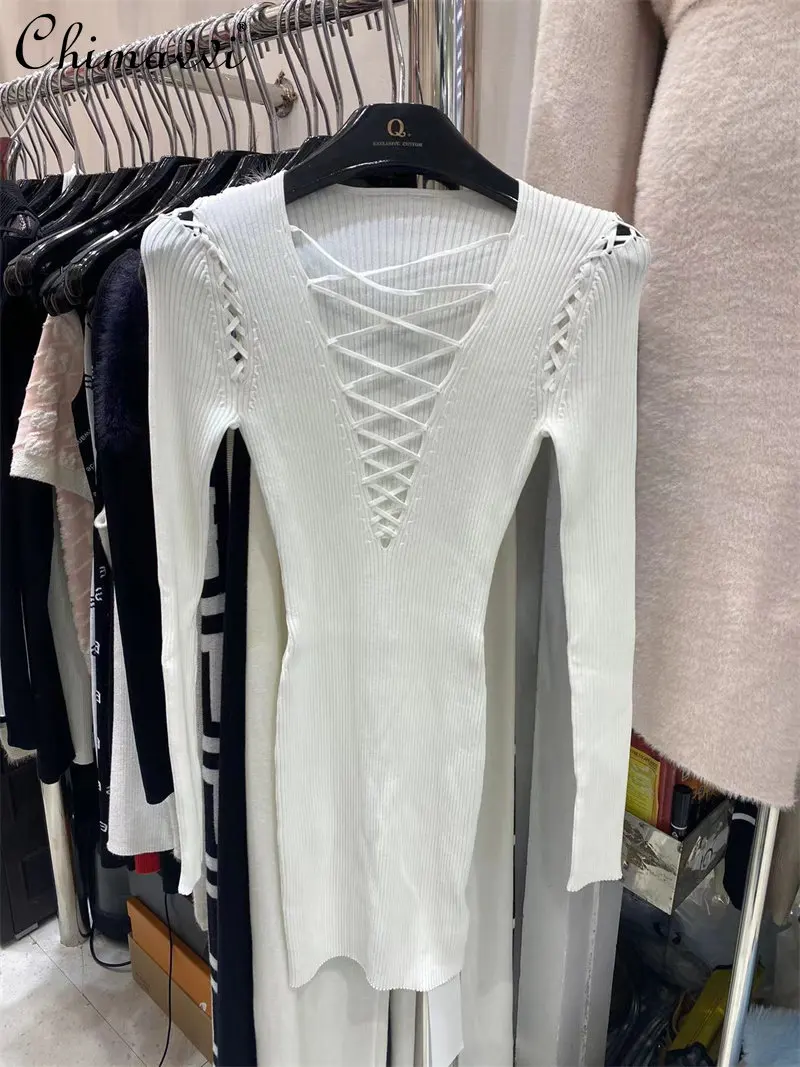 

European Hot Girl Cross Strap Sexy V-neck Knitted Dress Women Autumn Fashion Elegant Slim Fit Pullover Above Knee Knitting Dress
