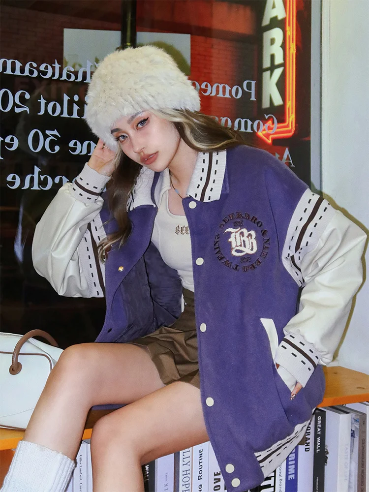 

American Jackets Coat Women Vintage Purple Baseball Suit Fashion Autumn Winter Jacket Cotton Hip Hop Loose All-match Top Clothes