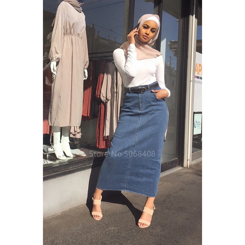 Muslim Women's Denim Dubai Long Pencil Skirt Dress Hijab Turkish Islamic Clothing High Waist Arab Tight Skirt
