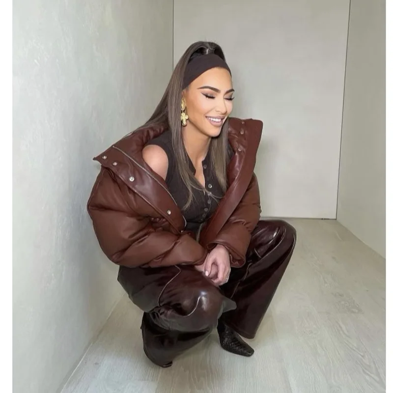 2021 Winter New Women PU Leather Cotton Coat Zipper Stand Collar Short Coat Cotton-padded Jacket Brown Streetwear Casual Ladies