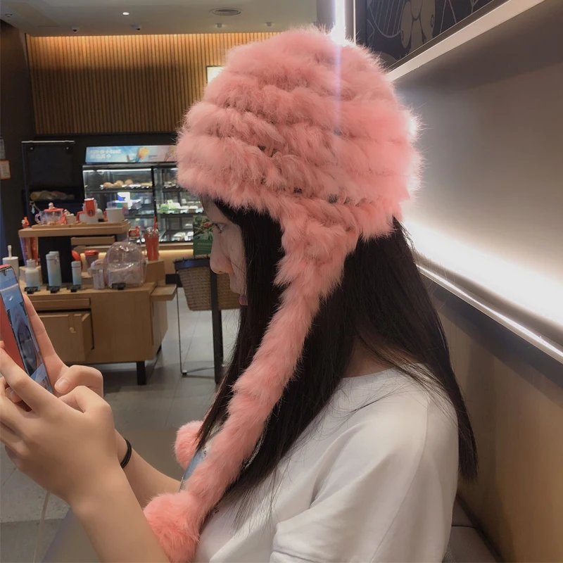 

Pink Rabbit Plush Fur Skullies Beanie Female Ear Protection Hat Autumn and Winter Warm Furry Knitted Hat Gorros Invierno Niña