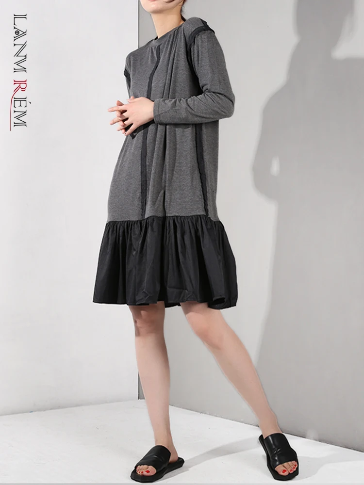 

LANMREM Patchwork Dress For Women Round Neck Long Sleeve Stitching Pullover Dresses Female Fashion 2022 Autumn YF79002