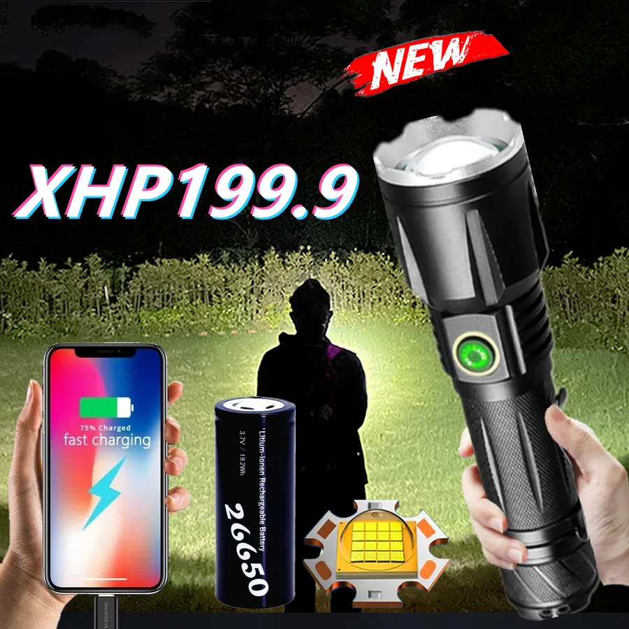 

2022 New High Powerful LED Flashlight Super Bright XHP199 Torch Light Rechargeable Tactical Flashlight 18650 26650 Battery