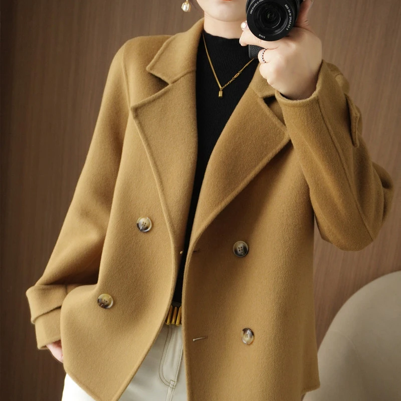 

Новинка 2023, осенне-зимнее шерстяное пальто YZJNH, женское свободное однотонное Короткое шерстяное пальто с воротником-костюмом для женщин