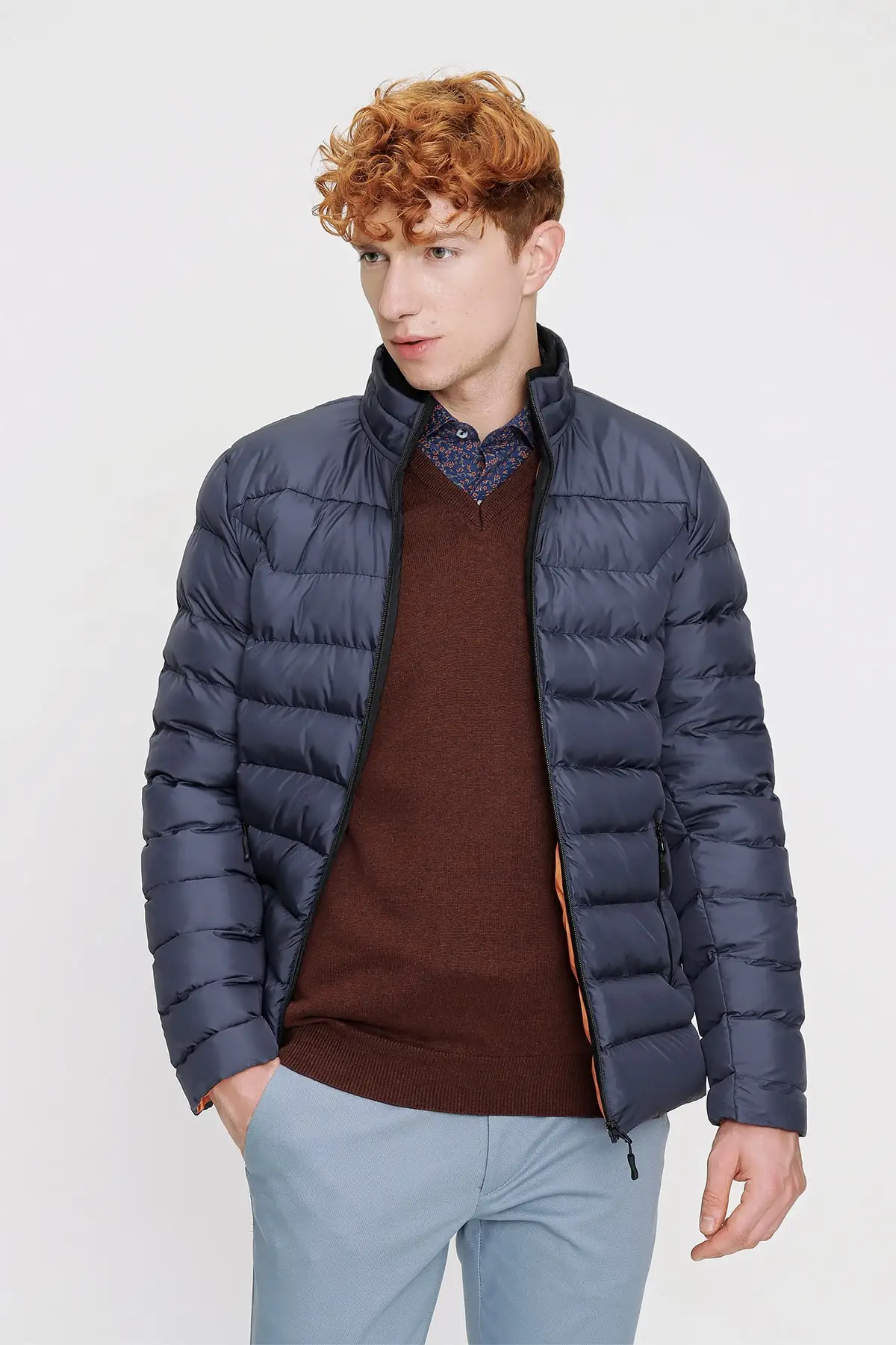 Men's Navy Edmonton Dynamic Fit Casual Fit Zippered Quilted Coat