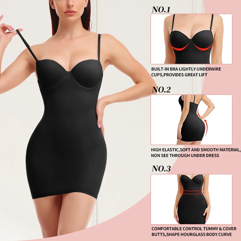 Full Slip Shapewear for Women Under Dresses Seamless Smooth Tummy Control Body Shaper Built In Bra Bodycon Lingerie Underskirts