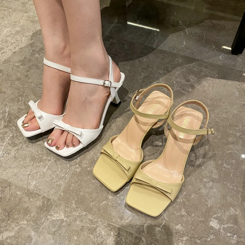 

Open Toe Women Sandals Bow Design Yellow White Summer Dress Slides Thin High Heels Ankle Strap 2022 New Arrivals Sandals 35-39