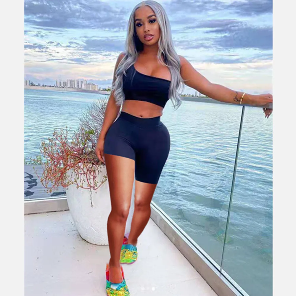 

FAGADOER Sexy Solid Two Piece Sets Women One Shoulder Crop Top And Irregular Shorts Tracksuits Female Casual Sport 2pcs Outfits