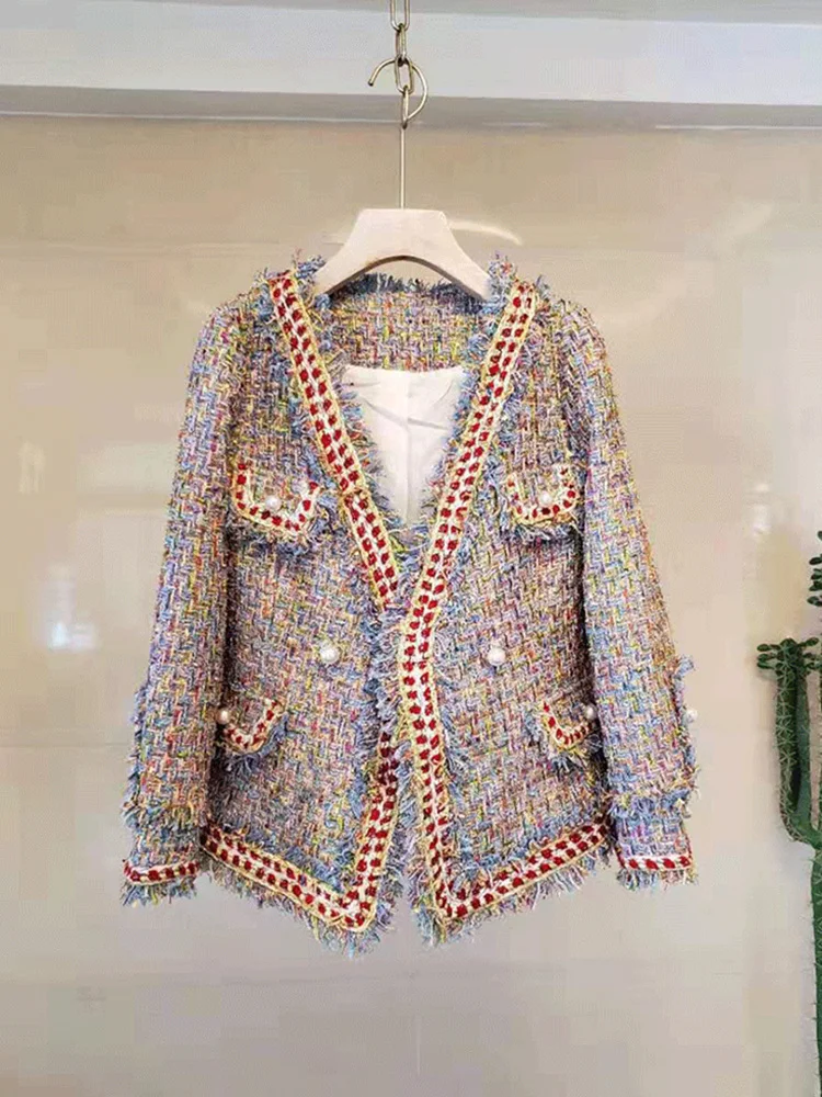 

Women Single-breasted Vintage Tweed Woolen Jacket Coat Tassel Short Jackets Outerwear High Quality Autumn Winter Runway Coat