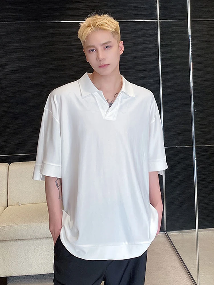

SYUHGFA Men Clothing Short Sleeve T-shirt 2022 Spring Summer Harajuku Turn Down Collar Solid Color Tee Tops T-shirts For Male