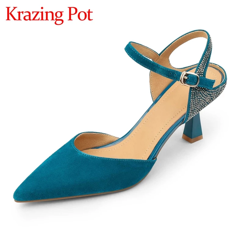 

Krazing pot new sheep suede pointed toe strange high heels rhinestone decorations beauty lady party buckle strap women pumps L47