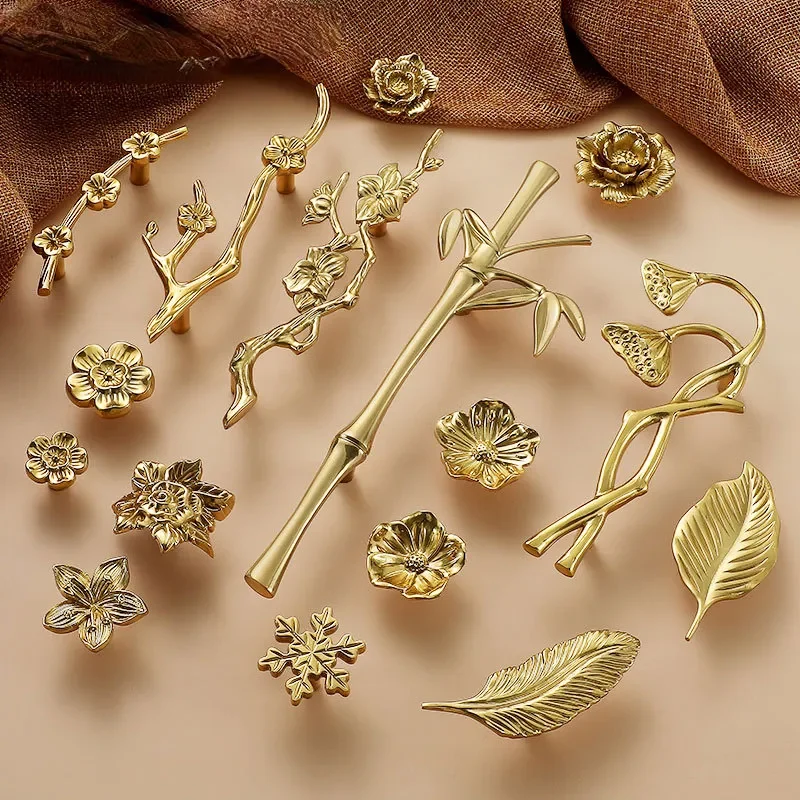 

Brass Wardrobe Door Handle Luxury Nordic Style Plant Cupboard Drawer Handle Creative Golden Cabinet Pulls Furniture Hardware