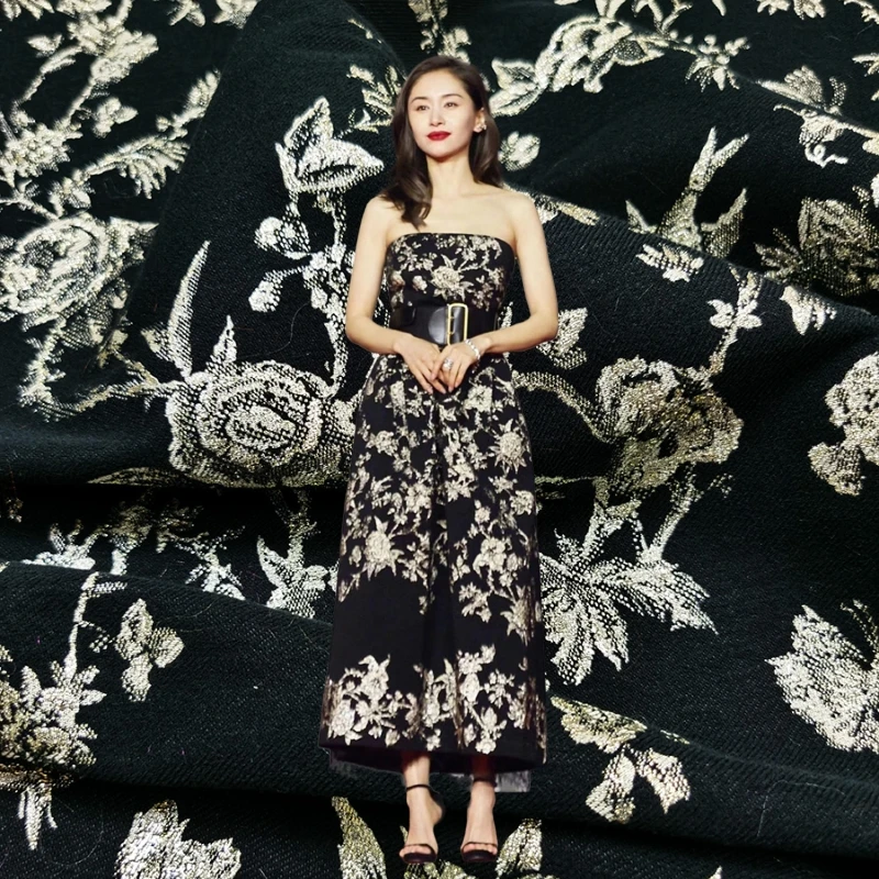 

Vintage Gold Silk Jacquard Fabric Evening Dress Clothing Brocade Spring Autumn Cloth for Sewing Meters Polyester Material