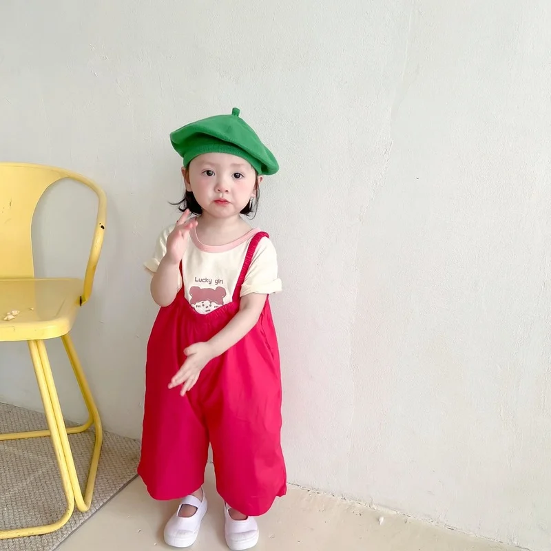 

Summer baby girls cotton loose red overalls kids loose thin suspenders trousers