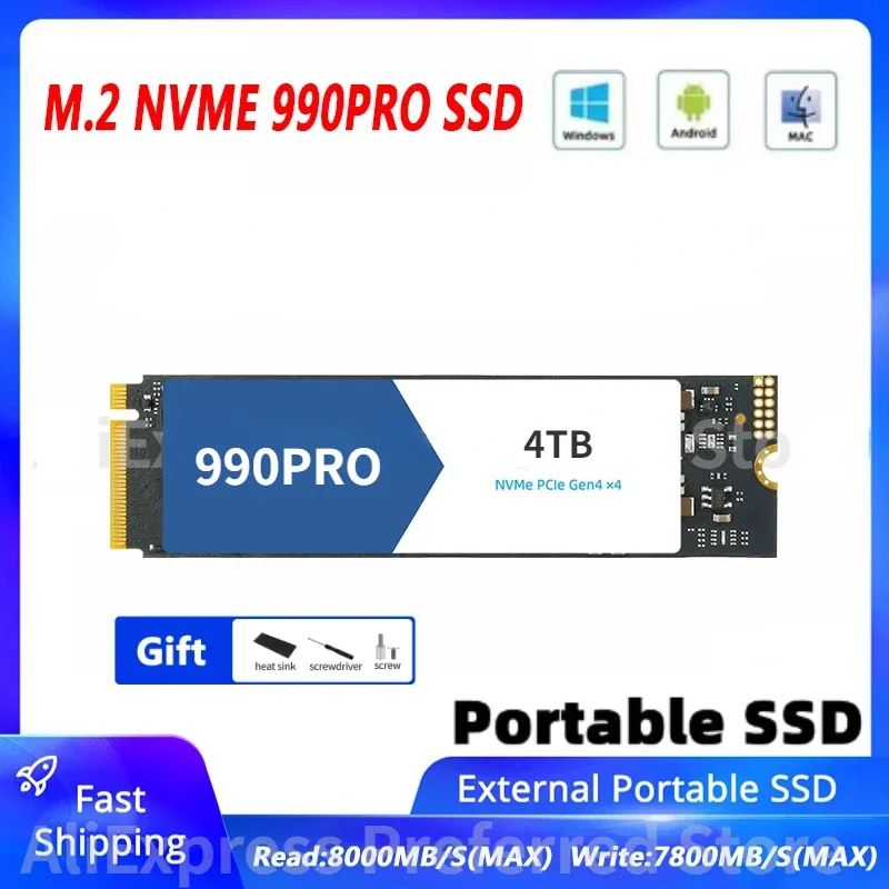 Синий 990Pro с радиатором NVMe M.2 SSD 1 ТБ 2 4 8 Внутренний твердотельный жесткий диск PCIe 4.0
