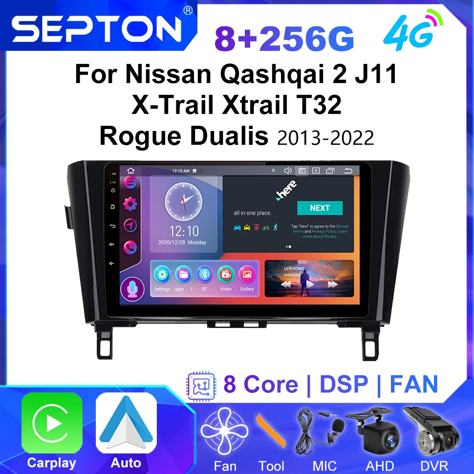 Автомобильный плеер SEPTON Carplay для Nissan Qashqai 2 J11 X-Trail Xtrail T32 Rogue Dualis 2013-2022 Android