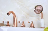 antique red copper brass three levers handles deck mounted 5 holes bathroom tub faucet mixer tap with handshower mtf232