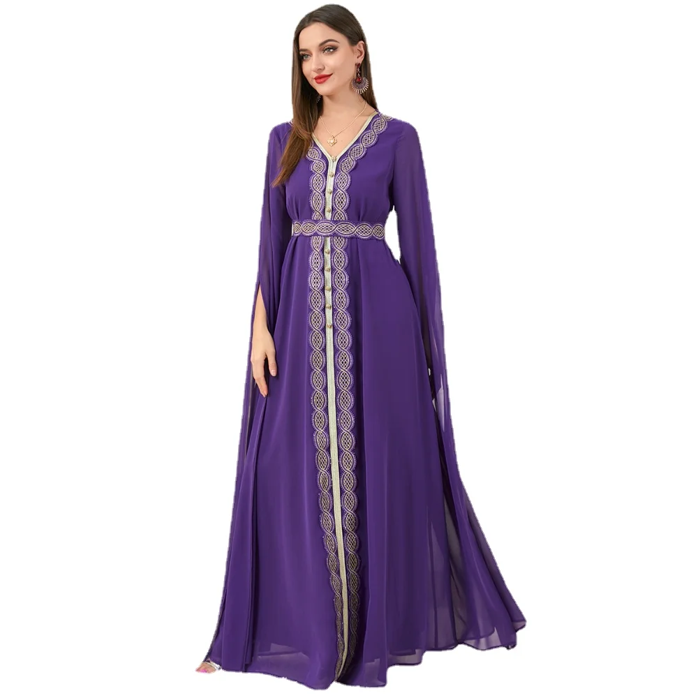 Purple Kaftan Dresses V Neck Longer Sleeves Belt Gold Embroidery Chiffon Abaya For Muslim Women Free Shipping