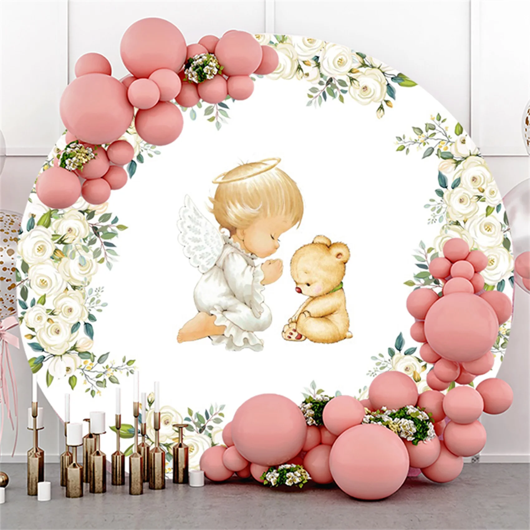 

Laeacco Kids Baptism Round Backdrop Watercolor Flower Angel Bear Baby Shower Birthday Portrait Customized Photography Background