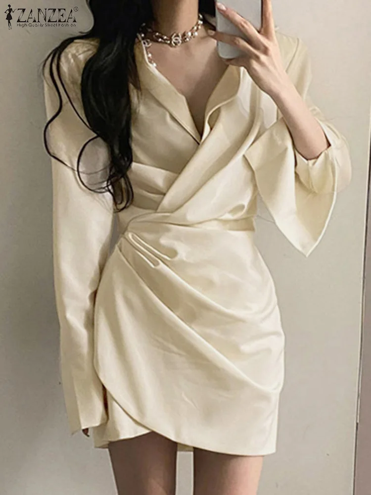 moda feminina vestido de cetim zanzea elegante solido mini robe 2022 primavera lapela