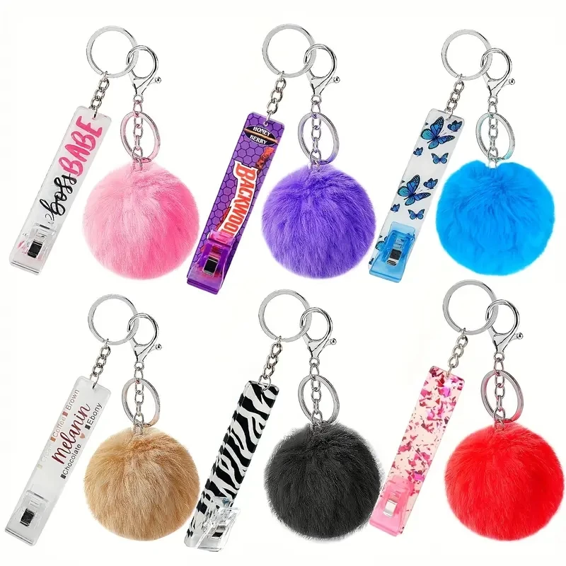

1pc Pom Pom & Letter Decor Keychain Cute Plush Card Grabber Clip For Long Nails Bag Accessory Car Ornament Creative Gift