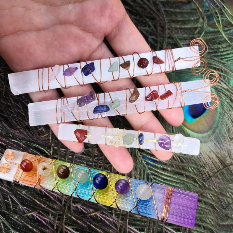

Selenite Stick 7 Chakras Quartz Bead Natural Ornament Gift for Healing Energy Reiki Crystal Meditation Spiritual Balancing Stone