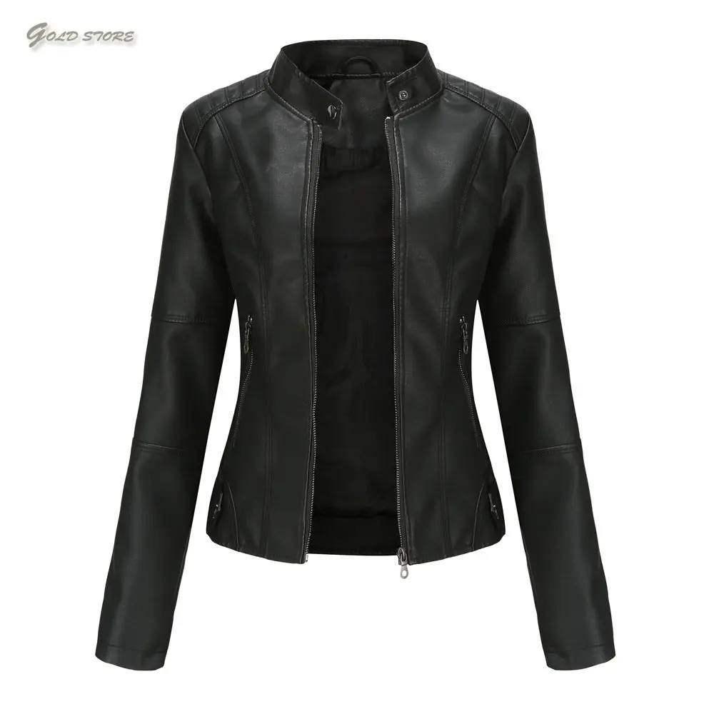 Women's leather jacket thin spring and autumn overcoat women's motorcycle clothes large size vertical collar leather jacket enlarge