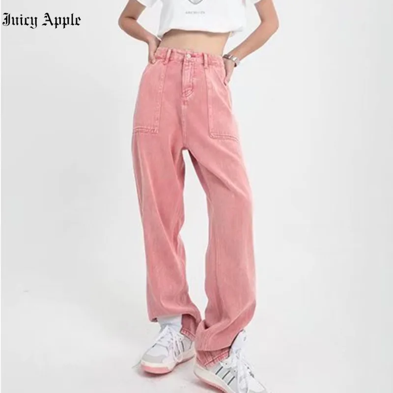 Juicy Apple Women Jeans Vintage y2k High Waist Streetwear Fashion Summer Loose Straight Jean Pants Baggy Wide Leg Denim Trousers