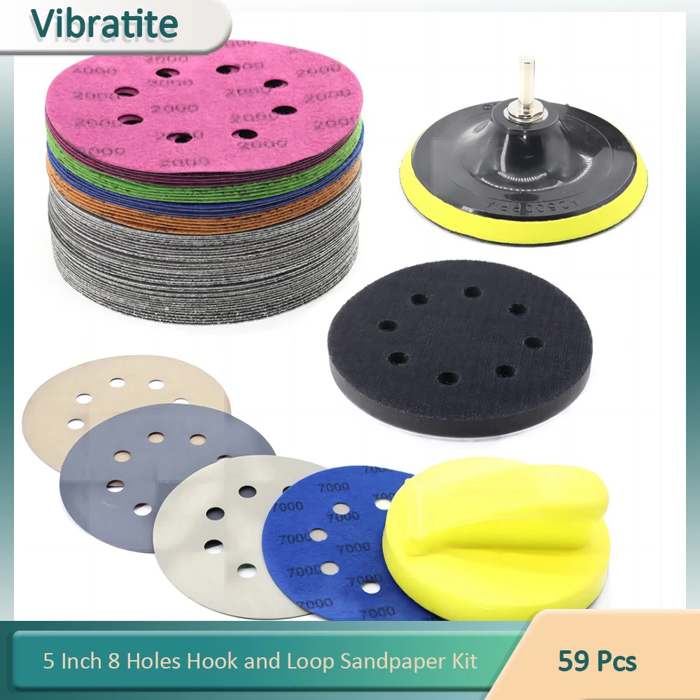

55Pcs Sanding Disc 5 Inch 8 Hole Hook and Loop Sandpaper Wet Dry with Hand Sander M10 Backing Pad Interface Pad for Random