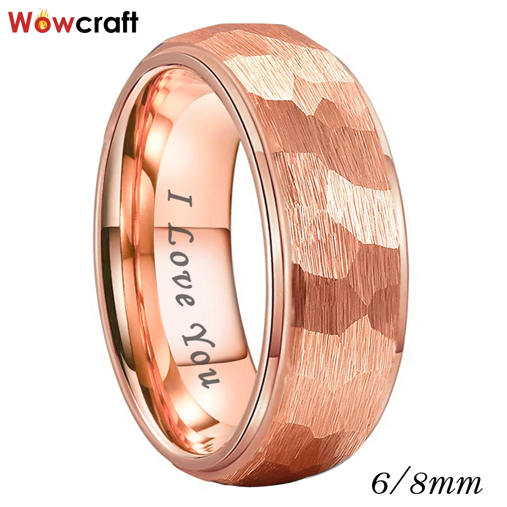 

6mm 8mm Luxury Rose Gold Men's Tungsten Hammered Ring Women Promise Jewelry I Love You Engraved Domed Brushed Finish Comfort Fit